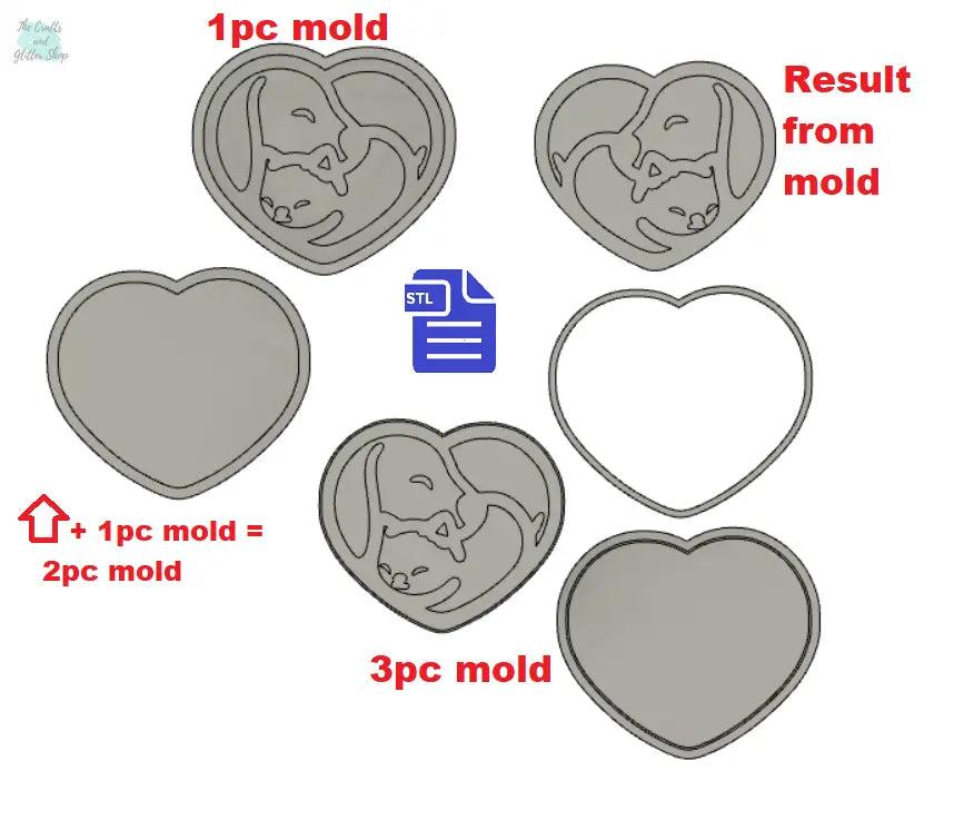 1pc + 2pc + 3pc Dog & Cat Heart Bath Bomb Mold STL File
