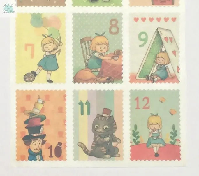 Alice Postage Stamps Stickers - 2 sticker sheets The Crafts and Glitter Shop