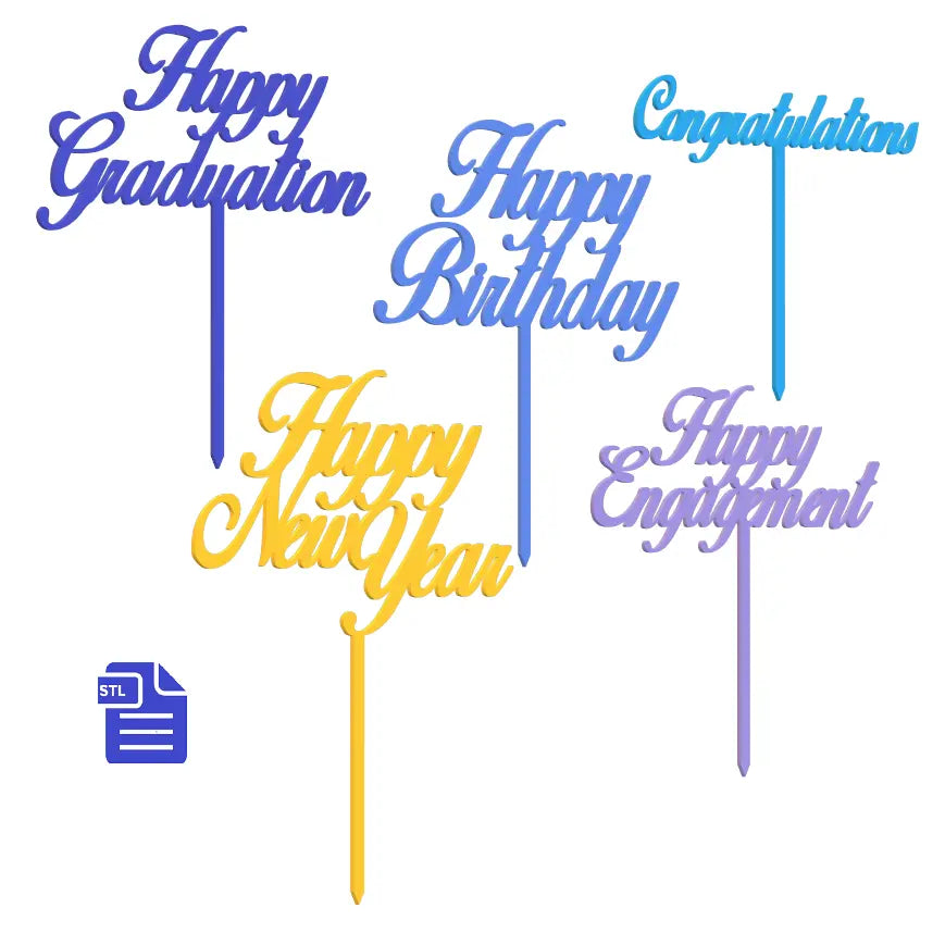Cake Toppers STL File - for 3D printing - FILE ONLY - for 5 occasions Birthday Graduation Engagement New Year Congratulations - The Crafts and Glitter Shop