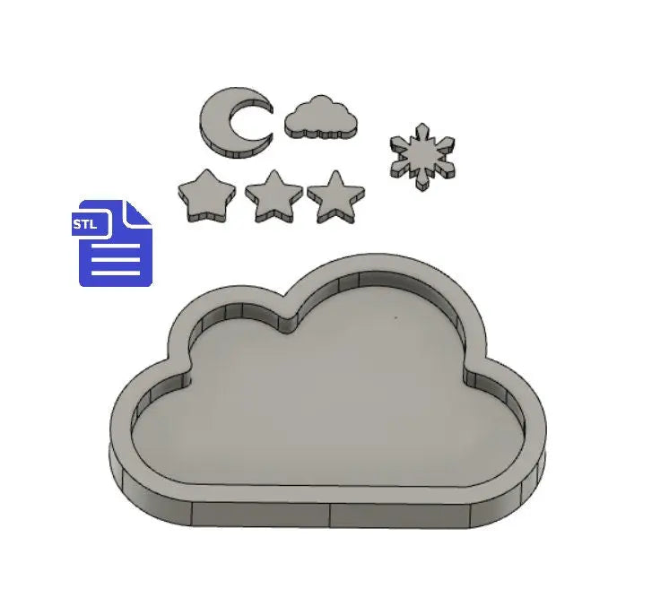 Cloud Shaker with bits STL File - for 3D printing - FILE ONLY - includes crescent moon, stars, cloud and snowflake shaker bits - The Crafts and Glitter Shop