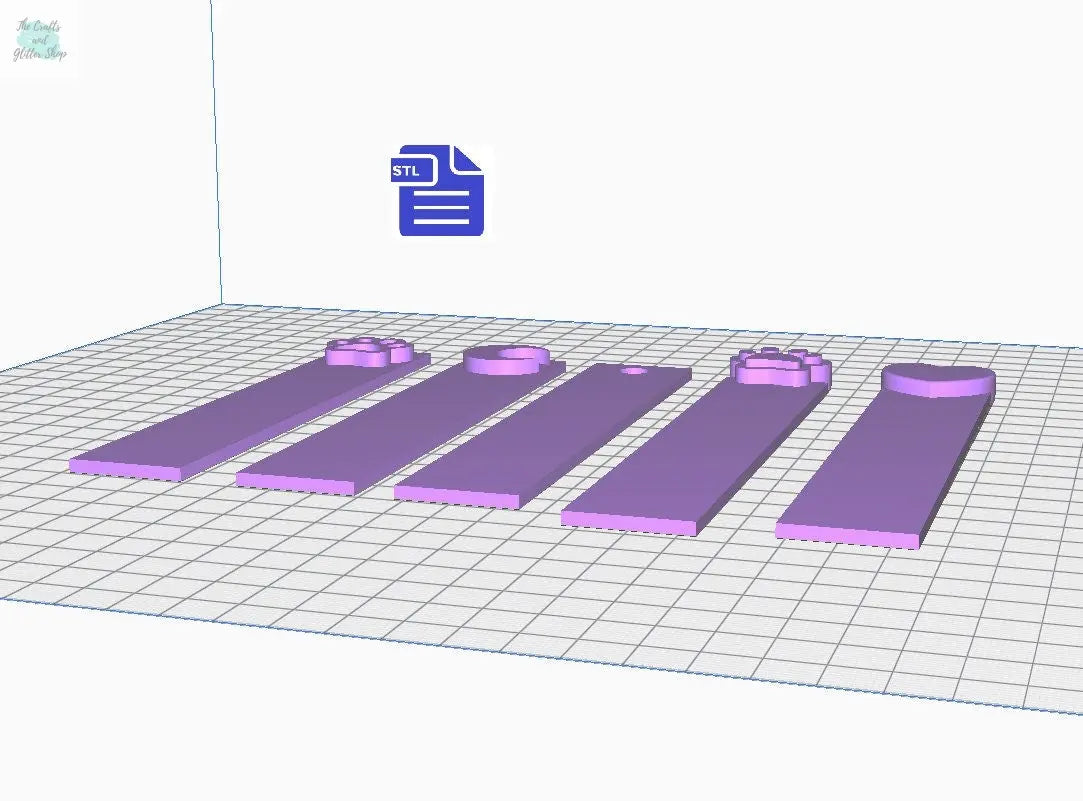 Cute Bookmarks STL File - for 3D printing - FILE ONLY - set of 5 bookmarks, plain with hole, heart, crescent moon, paw - The Crafts and Glitter Shop