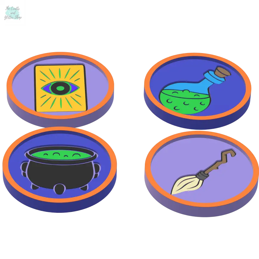 Set of 4 Halloween Coasters STL File - for 3D printing - FILE ONLY - Intuition, Magic Potion, Cauldron, Witch's Broom - The Crafts and Glitter Shop
