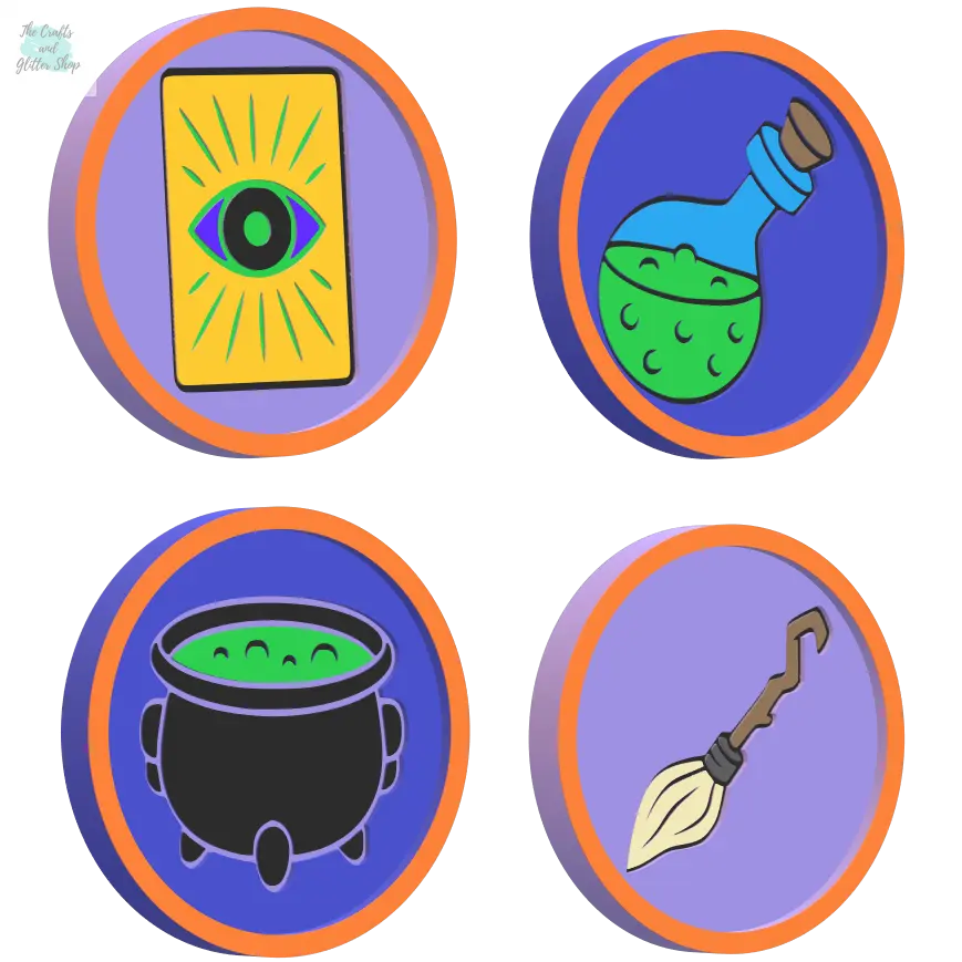 Set of 4 Halloween Coasters STL File - for 3D printing - FILE ONLY - Intuition, Magic Potion, Cauldron, Witch's Broom - The Crafts and Glitter Shop