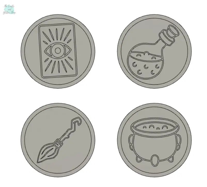 Set of 4 Halloween Coasters STL File - for 3D printing - FILE ONLY - Intuition, Magic Potion, Cauldron, Witch's Broom - The Crafts and Glitter Shop