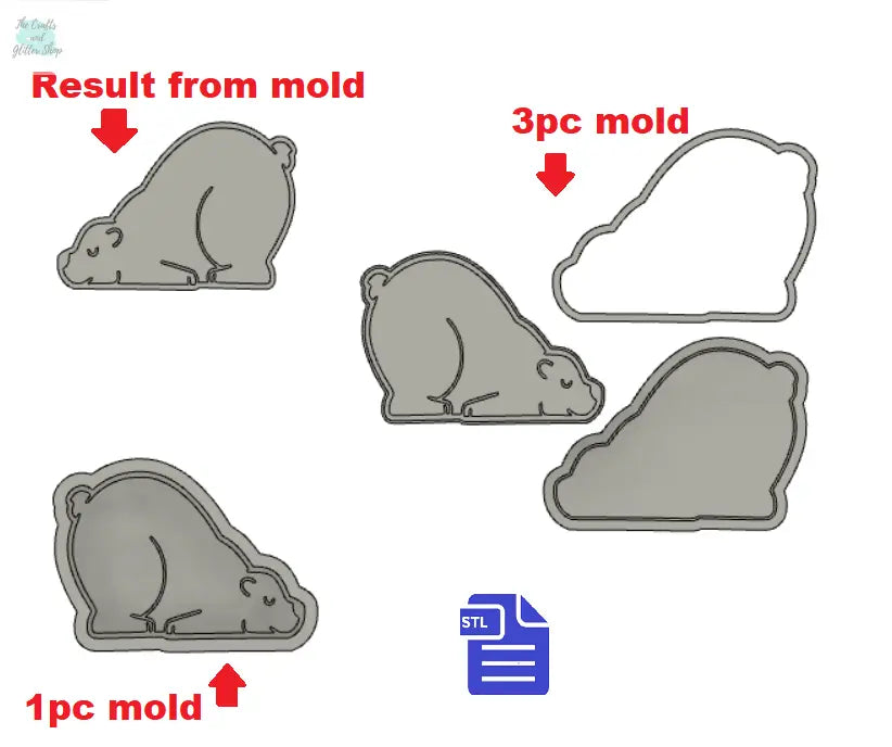 Sleepy Polar Bear Bath Bomb Mold STL File - for 3D printing - FILE ONLY - includes 1pc & 3pc molds for bath bombs solid shampoo fizzer bars - The Crafts and Glitter Shop