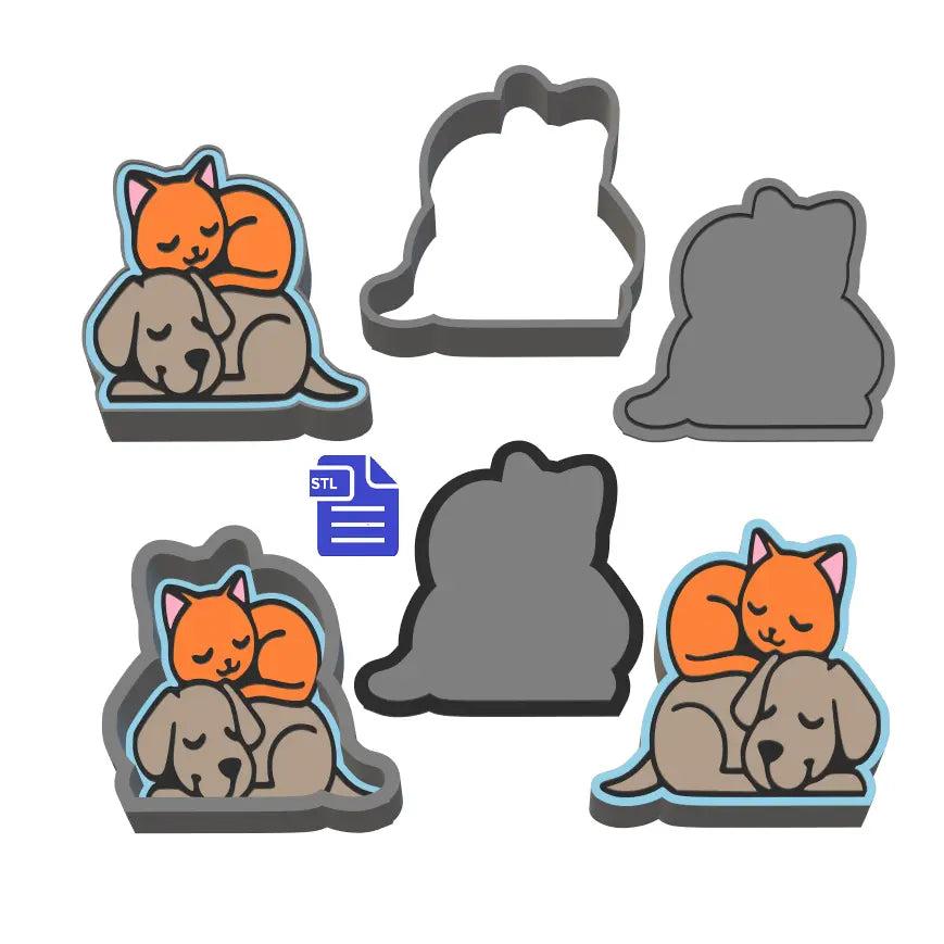 1pc + 2pc + 3pc Cat sleeping on top of Dog Bath Bomb Mold STL File