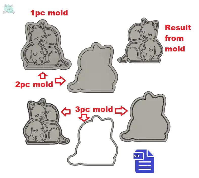 1pc + 2pc + 3pc Cat sleeping on top of Dog Bath Bomb Mold STL File