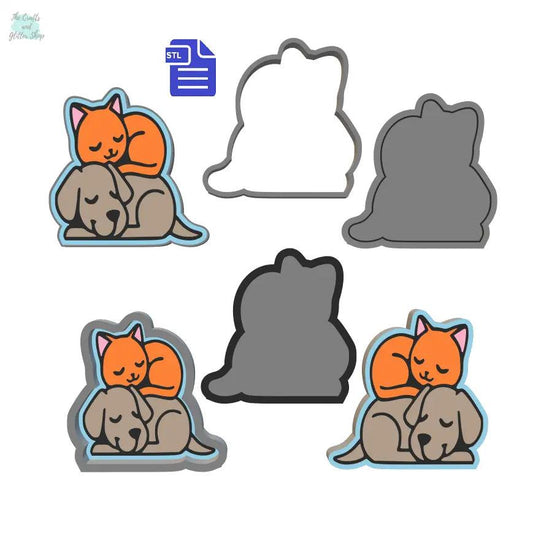 1pc + 2pc + 3pc Cat sleeping on top of Dog Bath Bomb Mold STL File