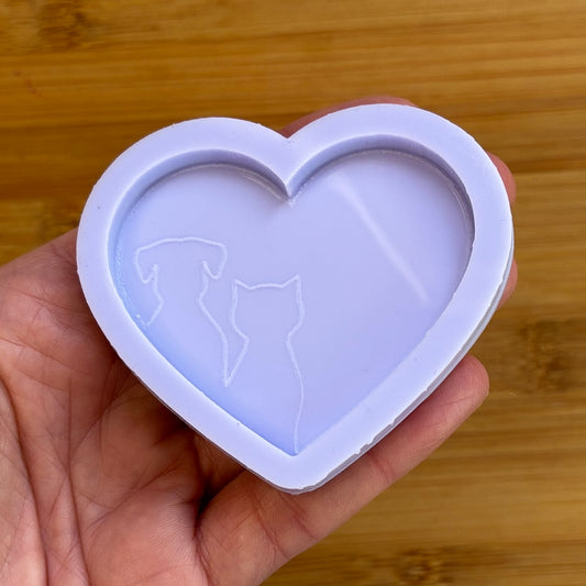 Heart shaped Silicone Mold with a cat and dog, made with Food Safe Silicone suitable for both food and craft projects.