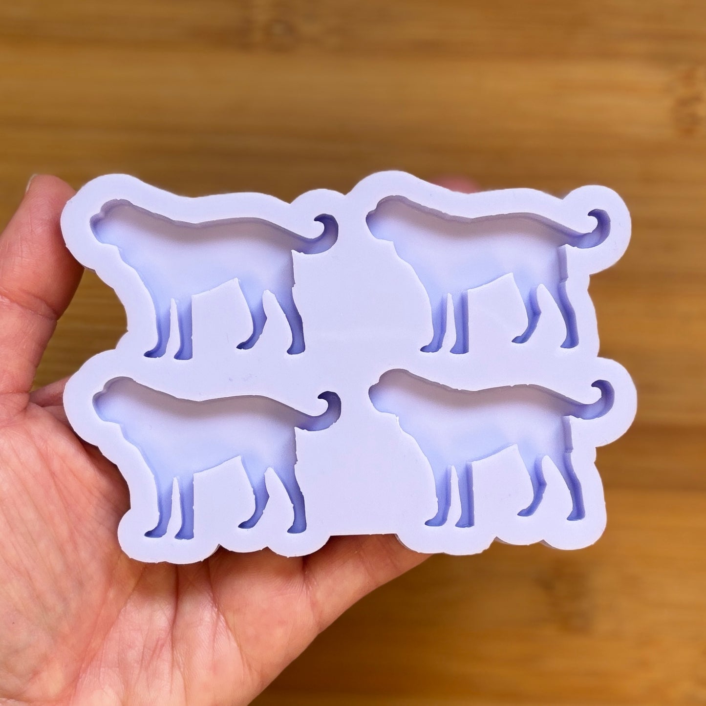 Silicone mold with dog shapes held in a hand on a wooden background