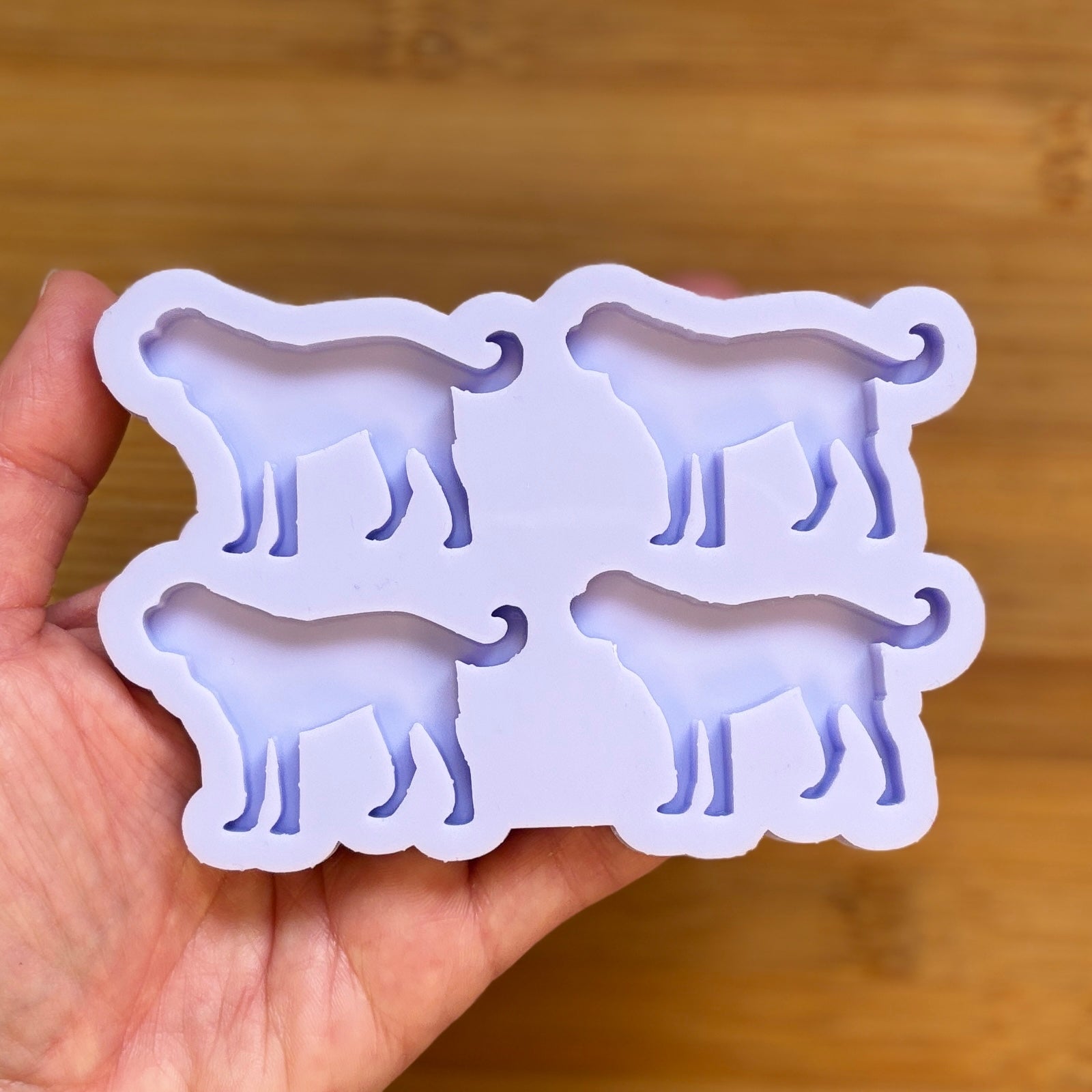 Silicone mold with dog shapes held in a hand on a wooden background