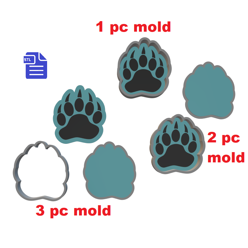 1pc + 2pc + 3pc Bear Paw Bath Bomb Mold STL File
