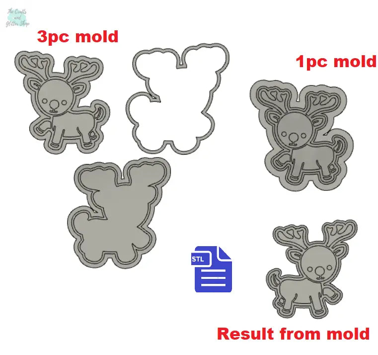 1pc & 3pc Reindeer Bath Bomb Mold STL File - for 3D printing - FILE ONLY - mold for bath bombs solid shampoo shower steamers - The Crafts and Glitter Shop