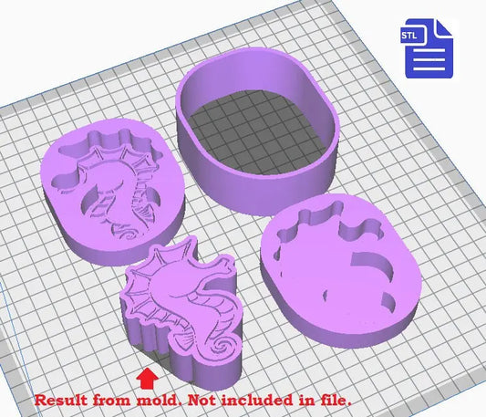 3pc Seahorse Bath Bomb Mold STL File - for 3D printing - FILE ONLY - 3 piece hand press bath bomb mold - The Crafts and Glitter Shop