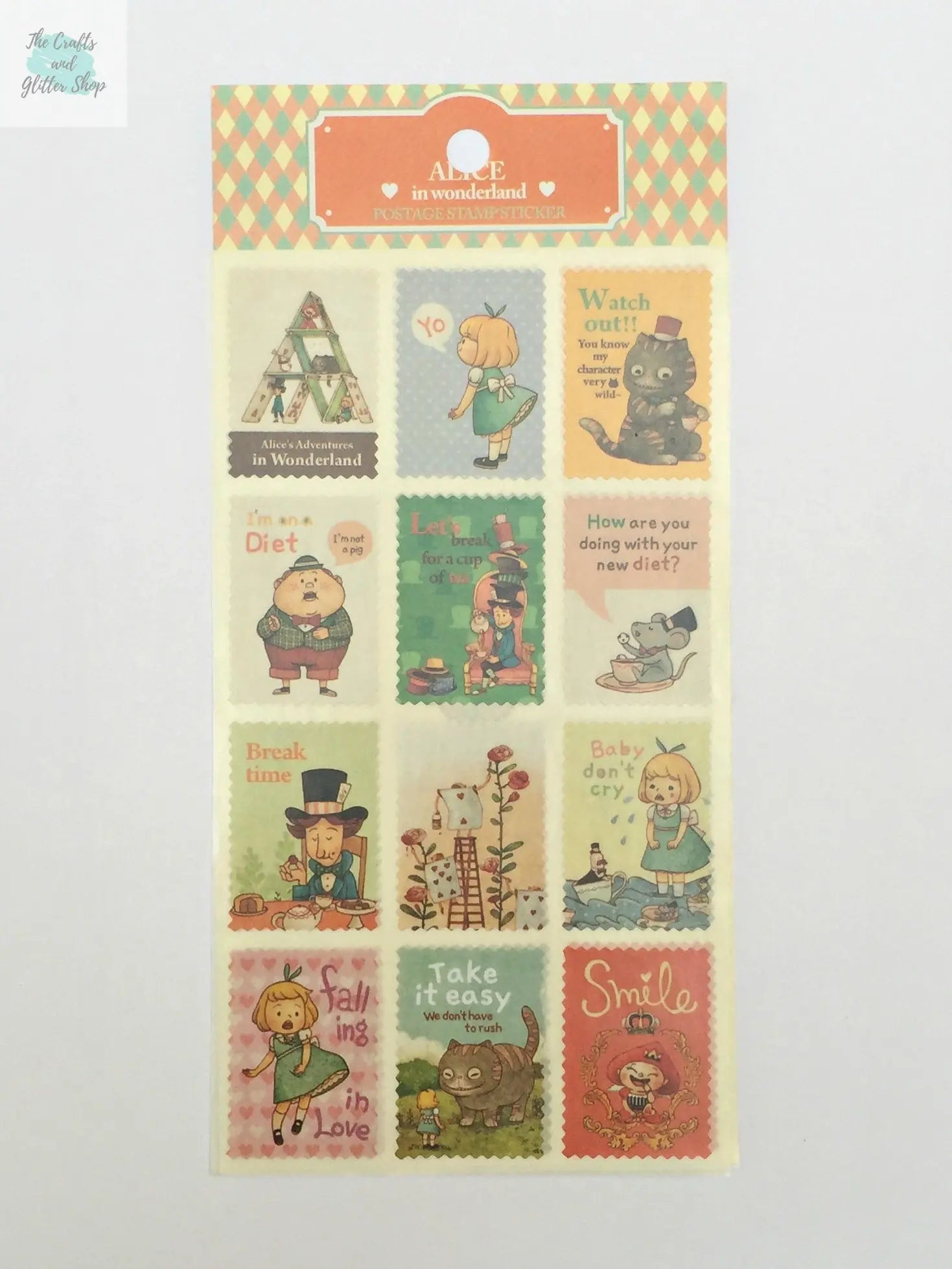 Alice Postage Stamps Stickers  - 2 sticker sheets The Crafts and Glitter Shop