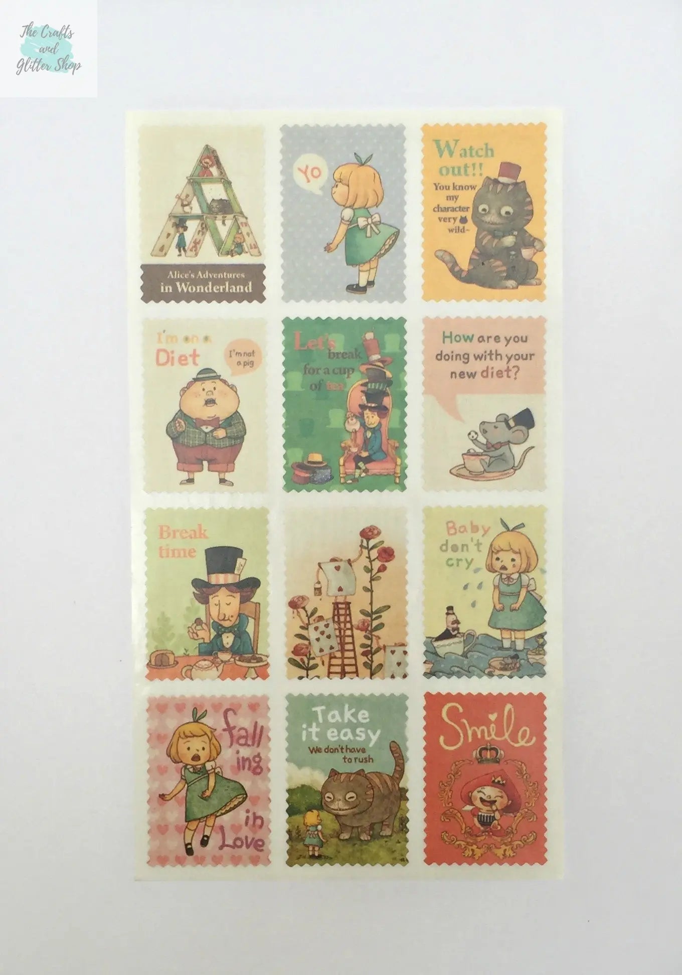 Alice Postage Stamps Stickers  - 2 sticker sheets The Crafts and Glitter Shop