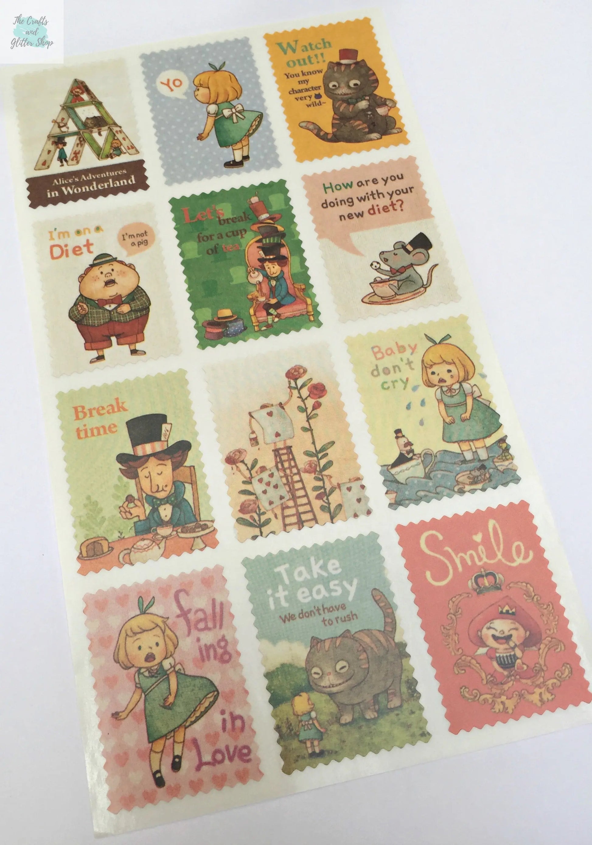 Alice Postage Stamps Stickers  - 2 sticker sheets The Crafts and Glitter Shop