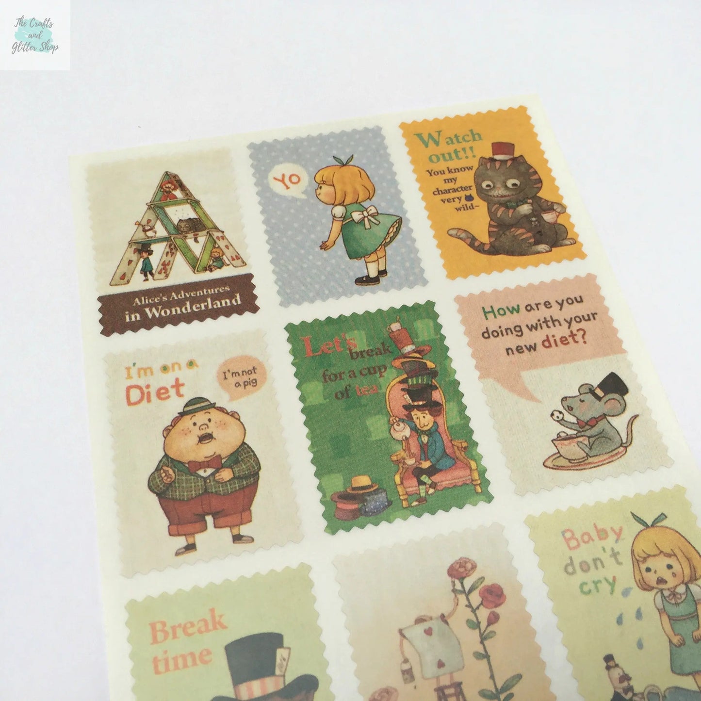 Alice Postage Stamps Stickers  - 2 sticker sheets The Crafts and Glitter Shop