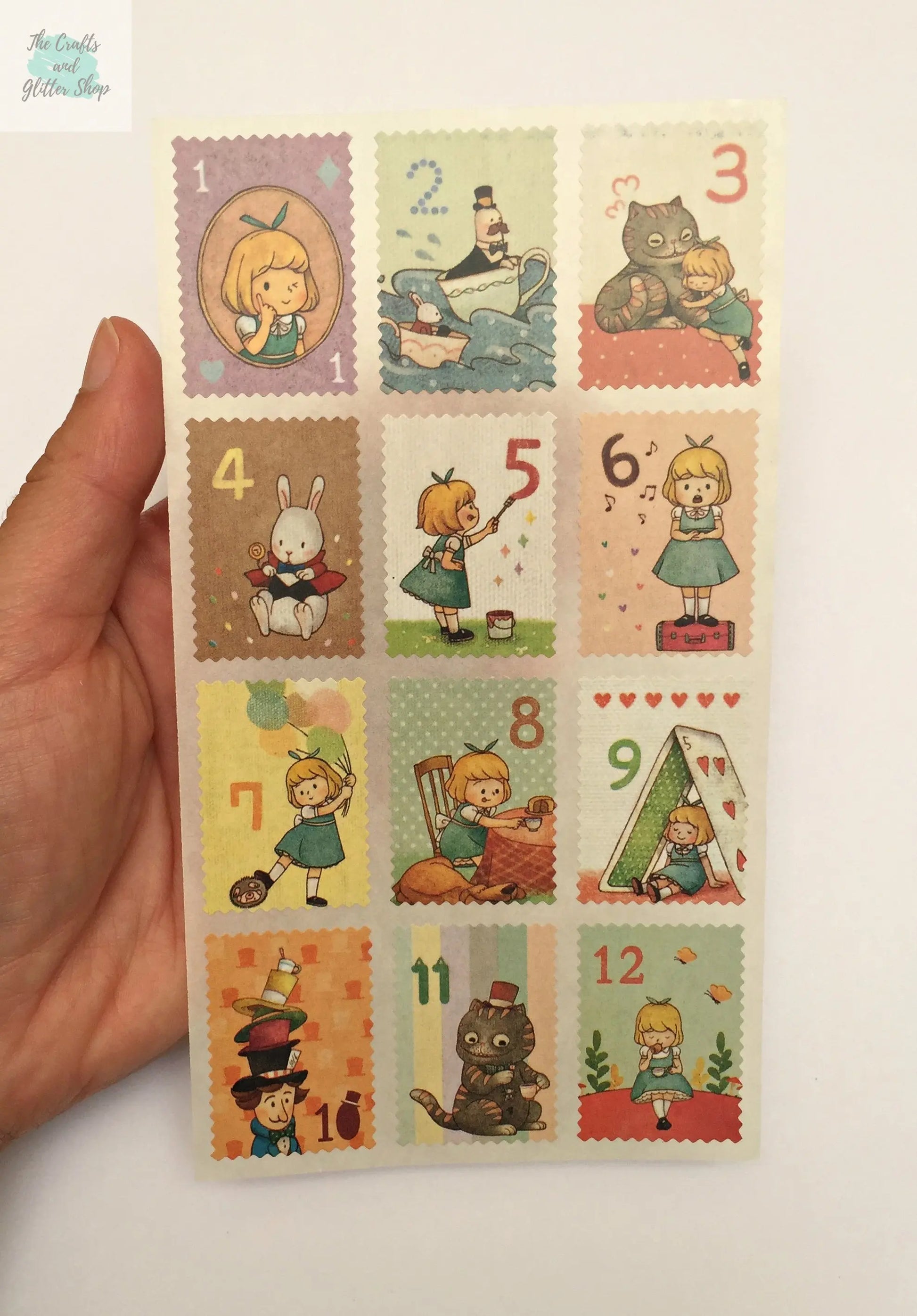 Alice Postage Stamps Stickers  - 2 sticker sheets The Crafts and Glitter Shop