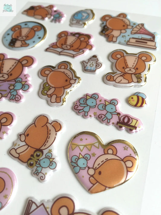 Brown Teddy Bear Stickers - 1 sheet - Puffy Squishy sticker The Crafts and Glitter Shop