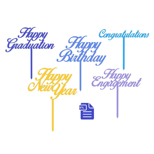 Cake Toppers STL File - for 3D printing - FILE ONLY - for 5 occasions Birthday Graduation Engagement New Year Congratulations - The Crafts and Glitter Shop
