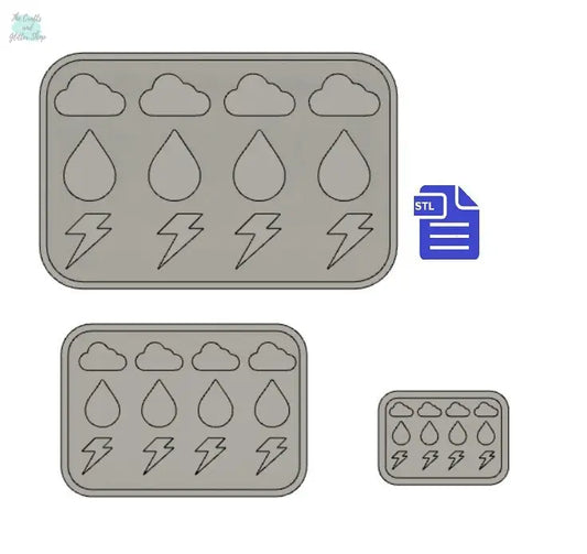 Cloud Raindrop Thunderbolt Silicone Mold Housing STL File - for 3D printing - FILE ONLY - with tray to make your own silicone molds - The Crafts and Glitter Shop