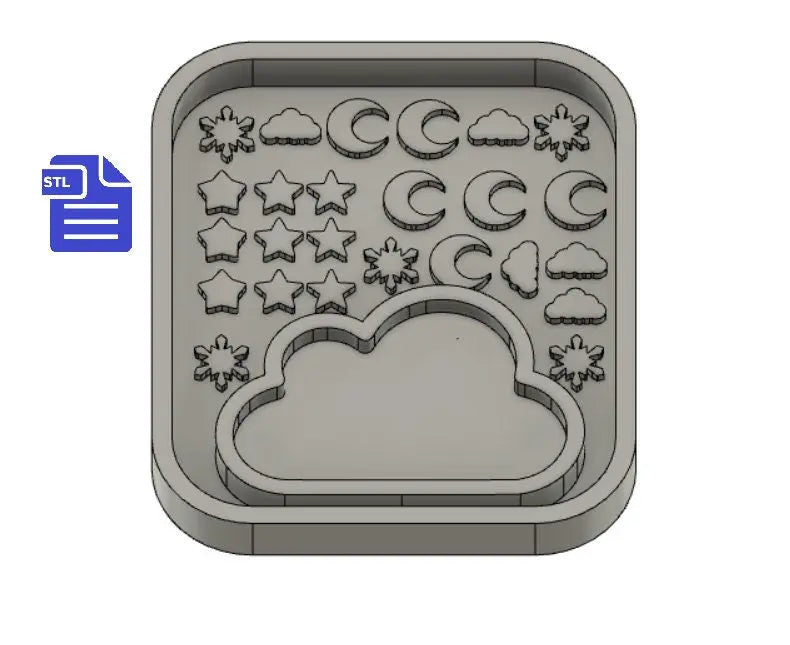 Cloud shaker with bits STL File - for 3D printing - FILE ONLY - with tray for silicone molds - stars, moon, cloud and snowflake shaker bits