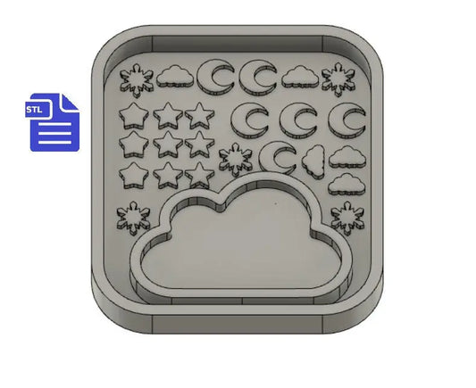 Cloud shaker with bits STL File - for 3D printing - FILE ONLY - with tray for silicone molds - stars, moon, cloud and snowflake shaker bits