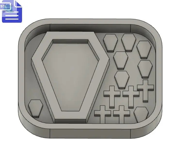 Coffin shaker with bits STL File - for 3D printing - FILE ONLY - with tray to make your own silicone molds - coffin and cross shaker bits