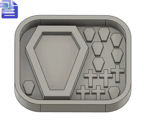 Coffin shaker with bits STL File - for 3D printing - FILE ONLY - with tray to make your own silicone molds - coffin and cross shaker bits
