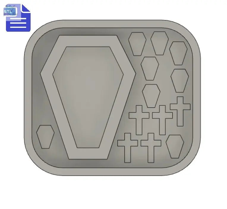 Coffin shaker with bits STL File - for 3D printing - FILE ONLY - with tray to make your own silicone molds - coffin and cross shaker bits - The Crafts and Glitter Shop