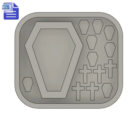 Coffin shaker with bits STL File - for 3D printing - FILE ONLY - with tray to make your own silicone molds - coffin and cross shaker bits - The Crafts and Glitter Shop