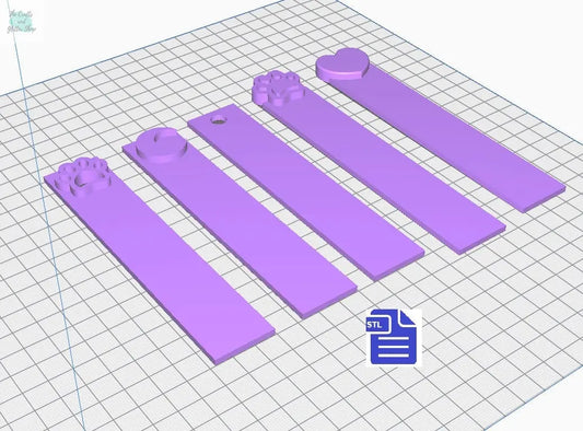Cute Bookmarks STL File - for 3D printing - FILE ONLY - set of 5 bookmarks, plain with hole, heart, crescent moon, paw - The Crafts and Glitter Shop