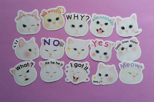 Funny White Cat Heads Sticker Flakes - 45 pieces The Crafts and Glitter Shop