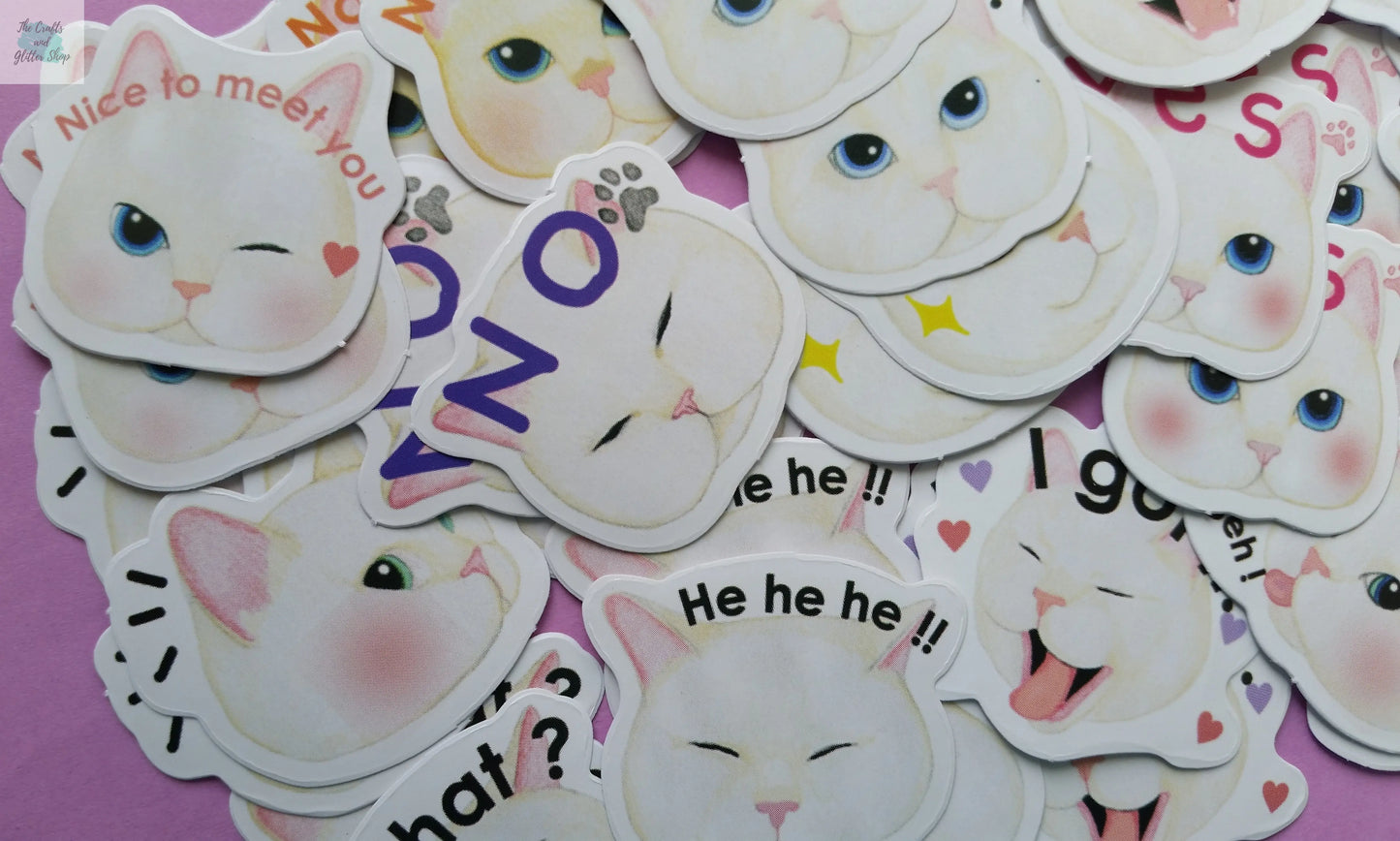 Funny White Cat Heads Sticker Flakes - 45 pieces The Crafts and Glitter Shop