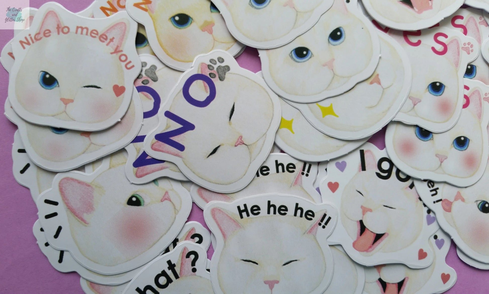 Funny White Cat Heads Sticker Flakes - 45 pieces The Crafts and Glitter Shop