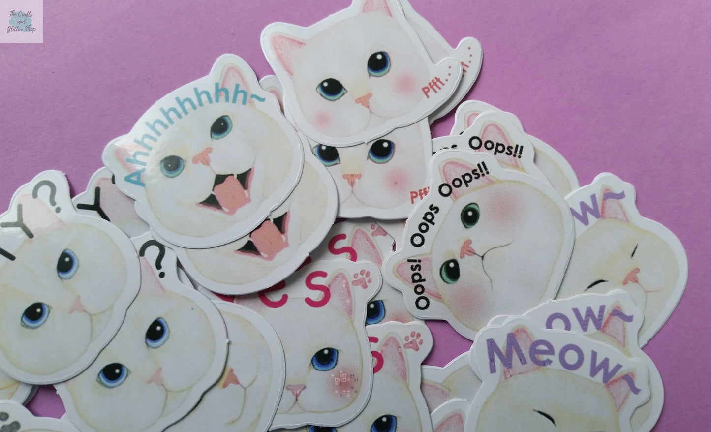 Funny White Cat Heads Sticker Flakes - 45 pieces The Crafts and Glitter Shop