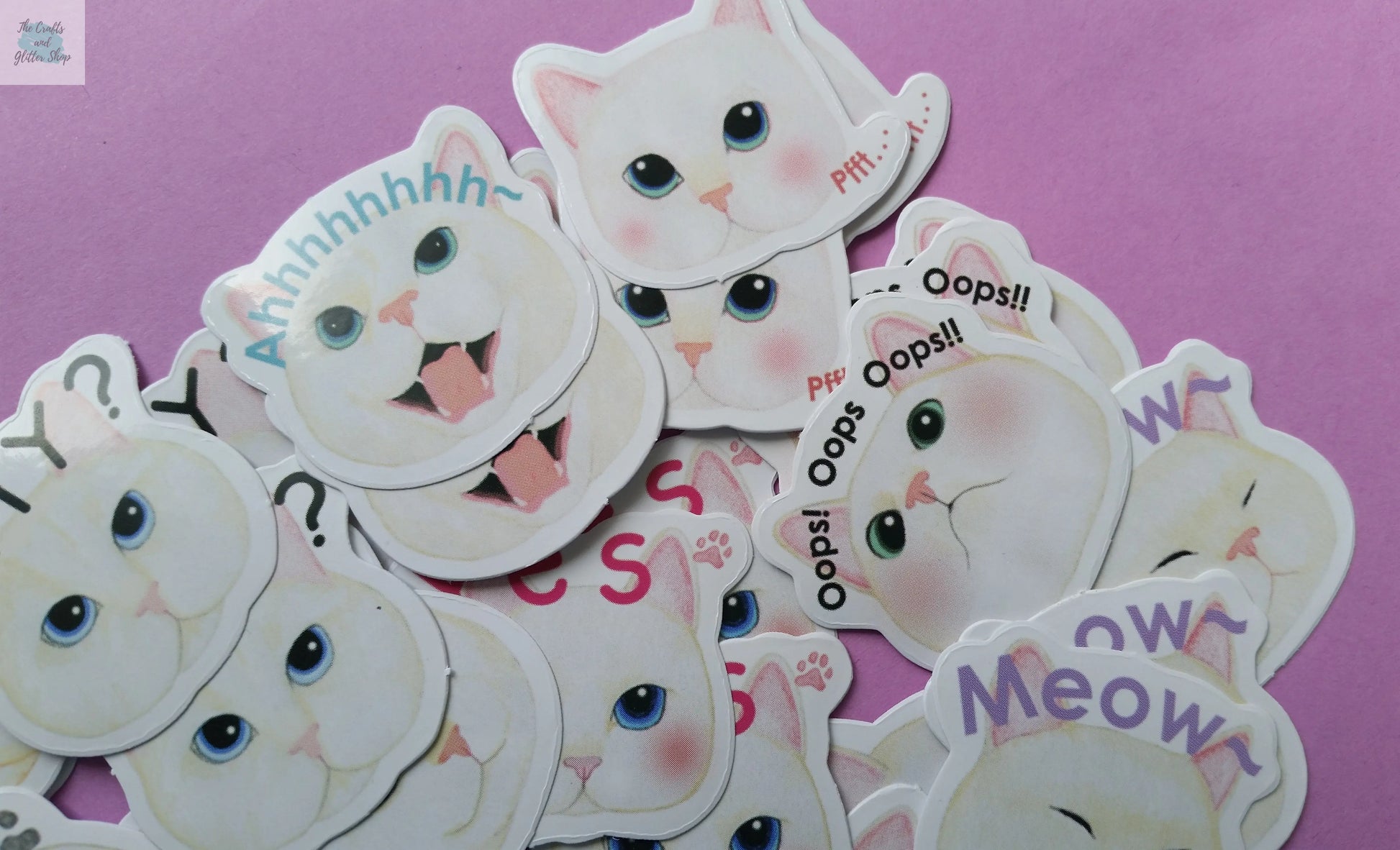 Funny White Cat Heads Sticker Flakes - 45 pieces The Crafts and Glitter Shop