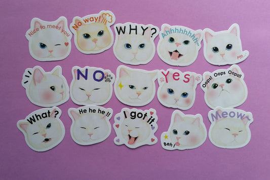 Funny White Cat Heads Sticker Flakes