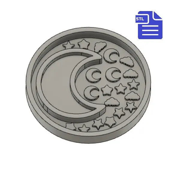 Moon Shaker with bits STL File - for 3D printing - FILE ONLY - with tray to make silicone molds - crescent moon, stars and cloud shaker bits