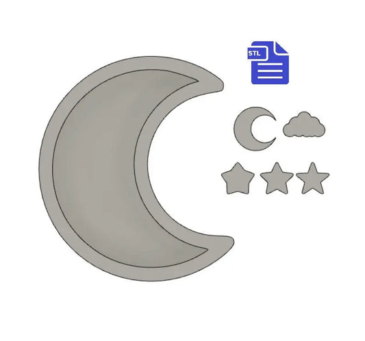 Moon shaker with bits STL File - for 3D printing - FILE ONLY - includes crescent moon, cloud and stars shaker bits - The Crafts and Glitter Shop
