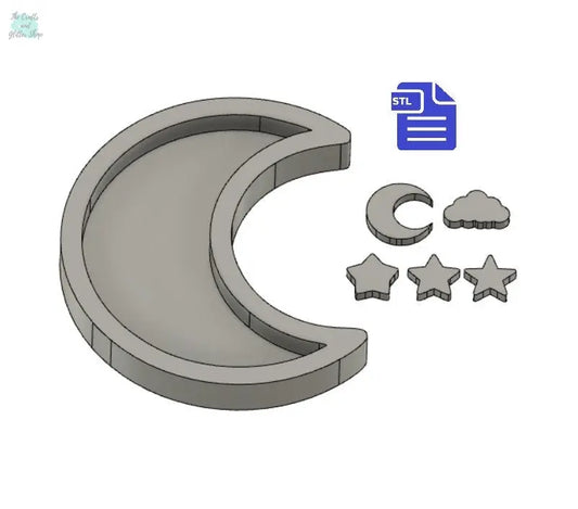 Moon shaker with bits STL File - for 3D printing - FILE ONLY - includes crescent moon, cloud and stars shaker bits - The Crafts and Glitter Shop