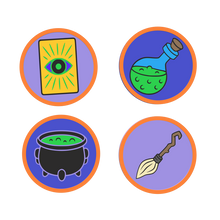 Load image into Gallery viewer, Set of 4 Halloween Coasters STL File - for 3D printing - FILE ONLY - Intuition, Magic Potion, Cauldron, Witch&#39;s Broom