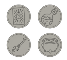Load image into Gallery viewer, Set of 4 Halloween Coasters STL File - for 3D printing - FILE ONLY - Intuition, Magic Potion, Cauldron, Witch&#39;s Broom