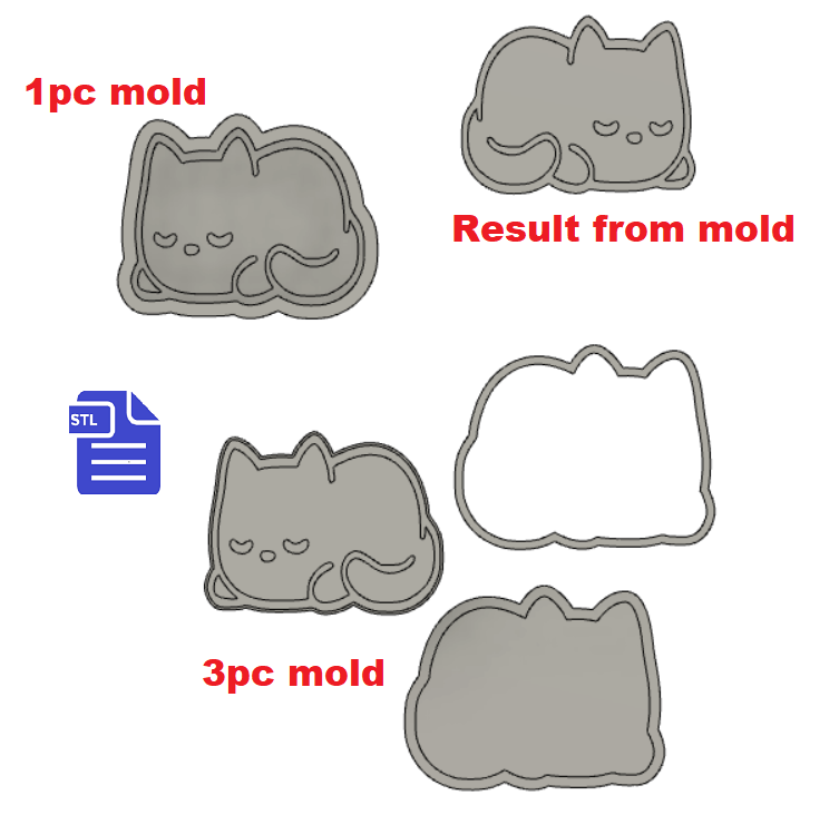 1pc & 3pc Sleepy Kitty Bath Bomb Mold STL File - for 3D printing - FILE ONLY - manual hand press mold for bath bombs solid shampoo bars
