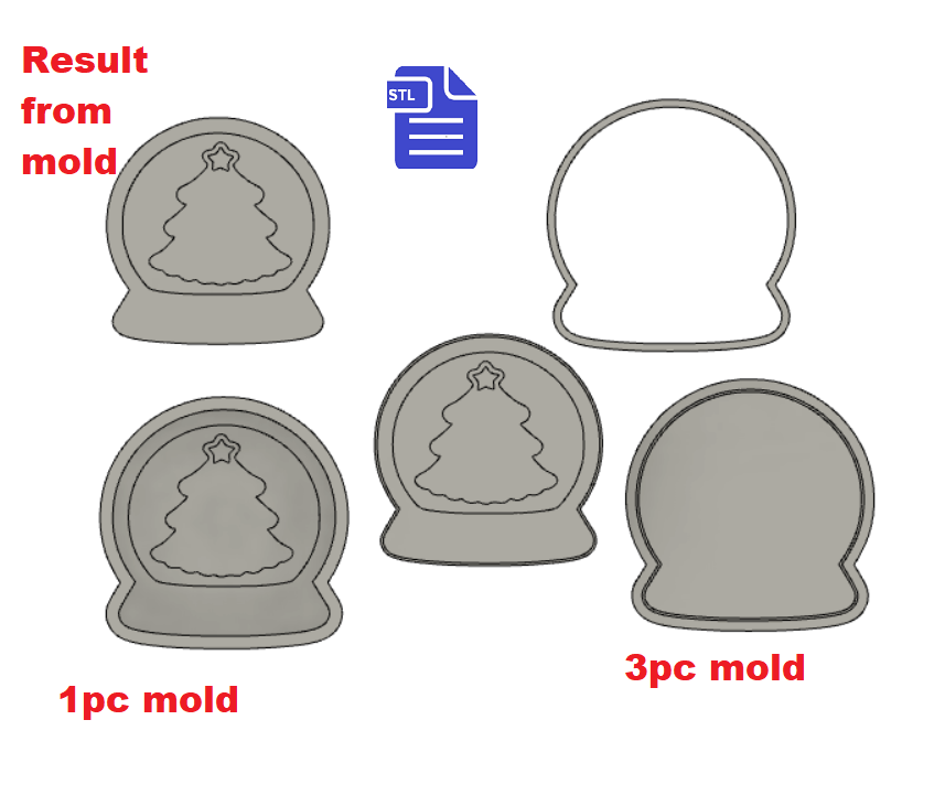 1pc & 3pc Snowglobe Bath Bomb Mold STL File - for 3D printing - FILE ONLY