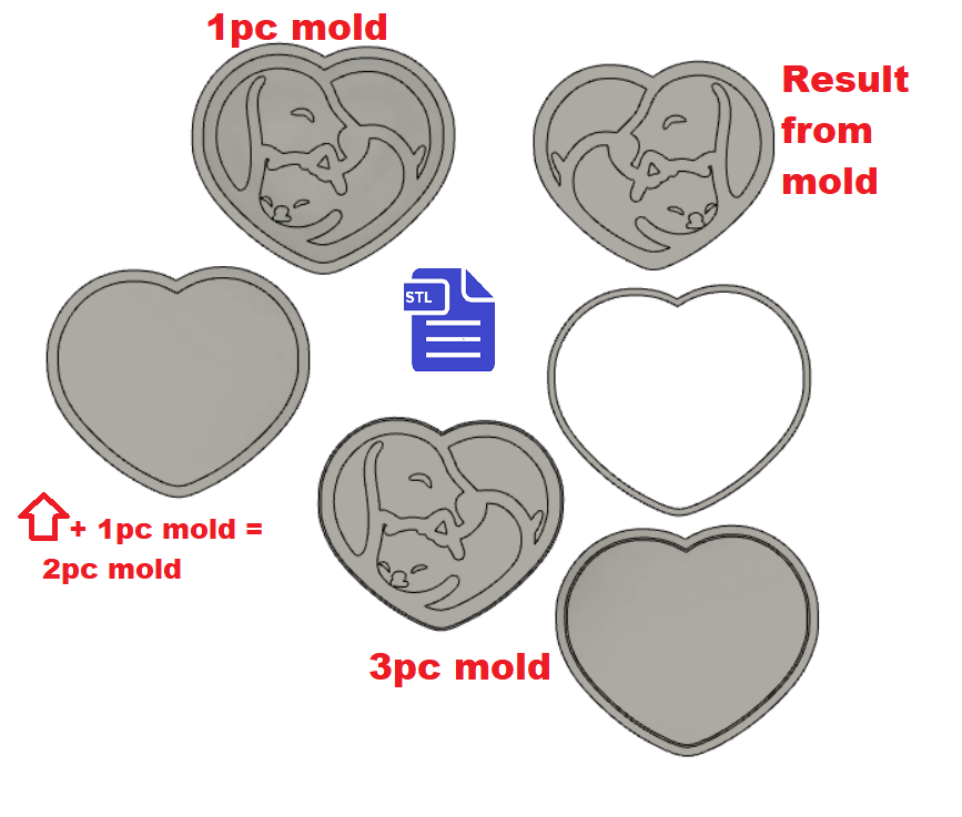 1pc + 2pc + 3pc Dog & Cat Heart Bath Bomb Mold STL File - for 3D printing - FILE ONLY - mold for bath bombs solid shampoo shower steamer bar