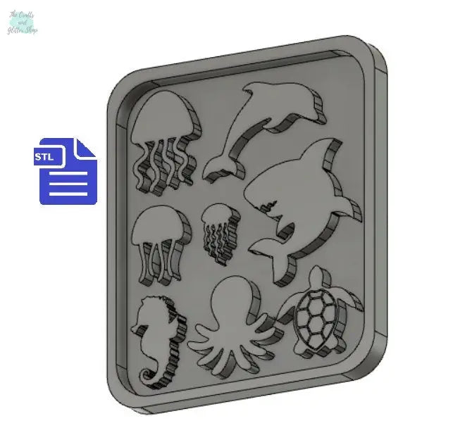 Sea-life STL File - 3D printing - FILE ONLY - with tray for silicone mold making - includes jellyfish shark dolphin seahorse octopus turtle