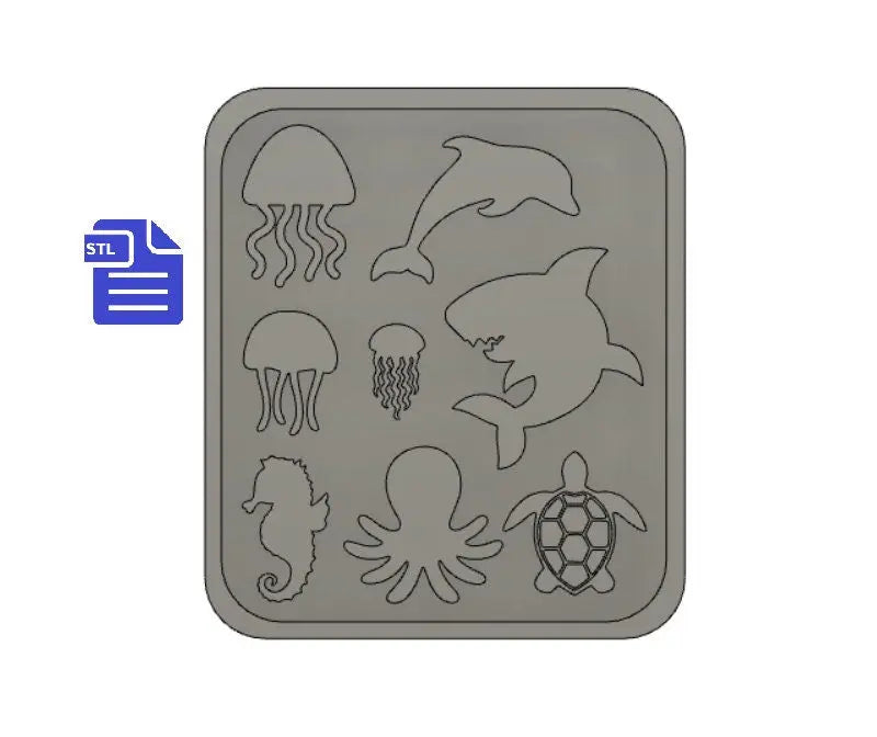 Sea-life STL File - 3D printing - FILE ONLY - with tray for silicone mold making - includes jellyfish shark dolphin seahorse octopus turtle - The Crafts and Glitter Shop
