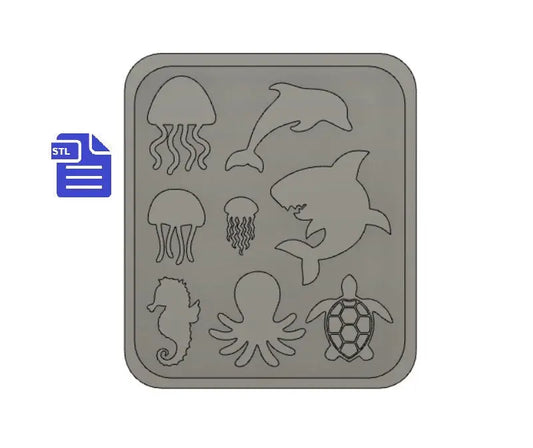Sea-life STL File - 3D printing - FILE ONLY - with tray for silicone mold making - includes jellyfish shark dolphin seahorse octopus turtle - The Crafts and Glitter Shop